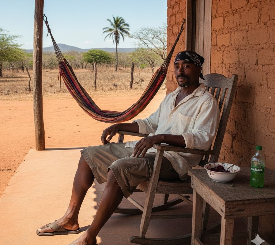 O rapper Tupac Shakur em uma cadeira de balanço em uma casa bem pobre em uma área quente e seca