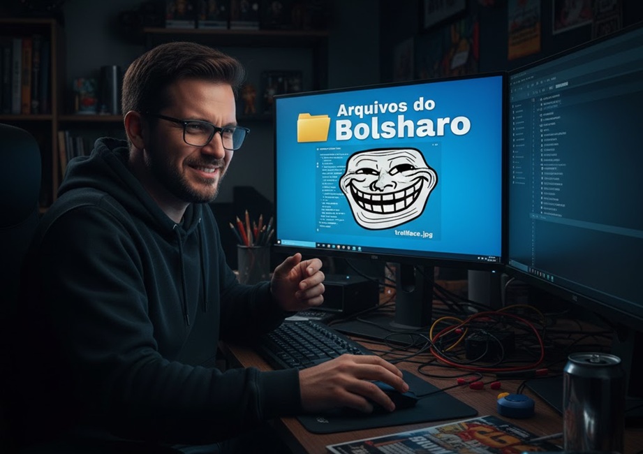 Homem na frente de um computador e na tela do computador, um arquivo chamado 'Arquivo do Bolsonaro' com o Troll Face