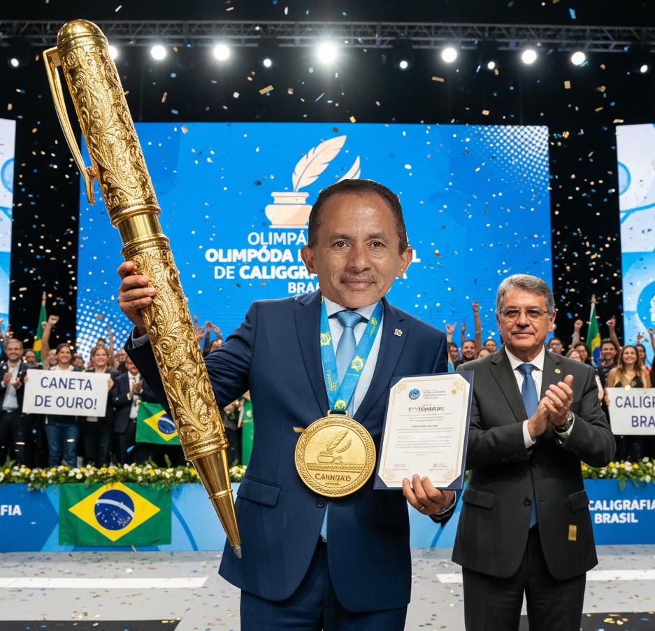 O cantor Manuel Gomes na premiação da Olimpíada de Caligrafia Mundial do Brasil recebendo uma caneta de ouro gigante enquanto pessoas na plateia aplaudem a ele