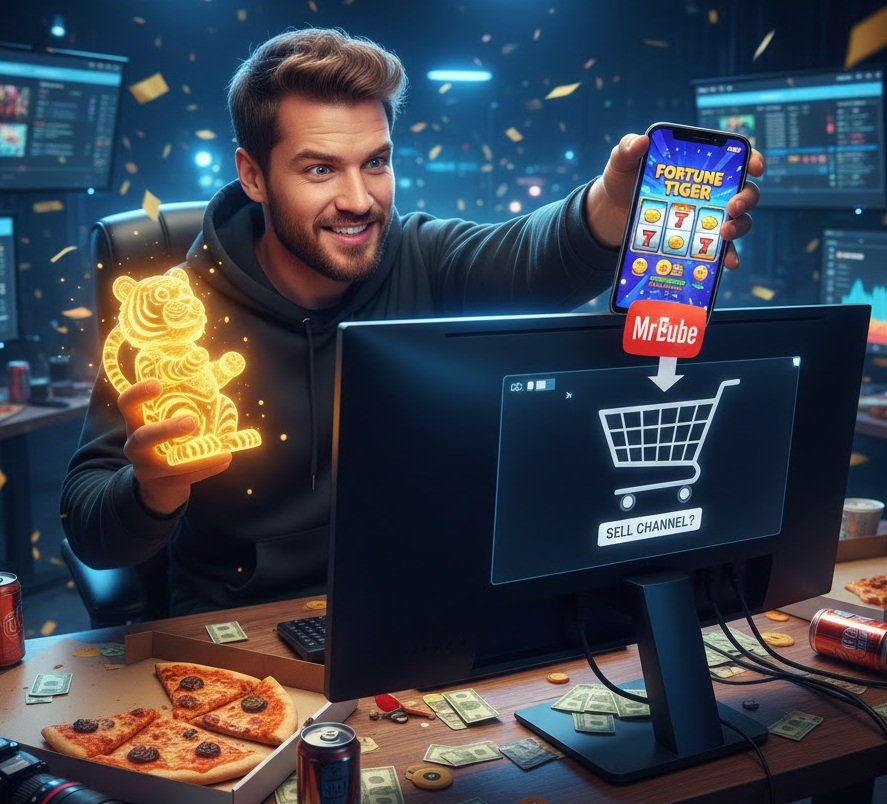 O influenciador Mr Beast segurando um tigrinho brilhante enquanto joga o Jogo do Tigrinho (Fortune Tiger)